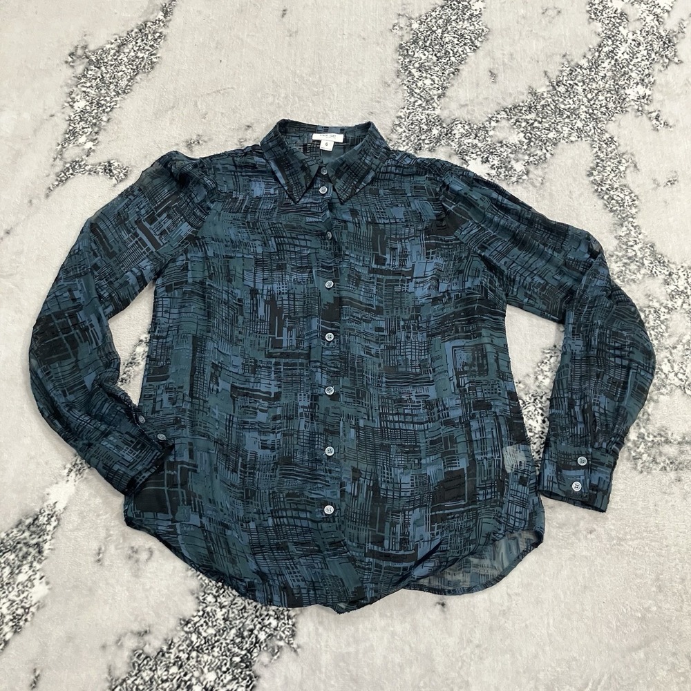 Per Se By Carlisle Womens Size 6 Silk Blend Sheer Blouse Blue Black Abstract